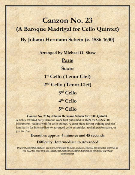 Canzon No 23 A Baroque Madrigal For Cello Quintet Sheet Music