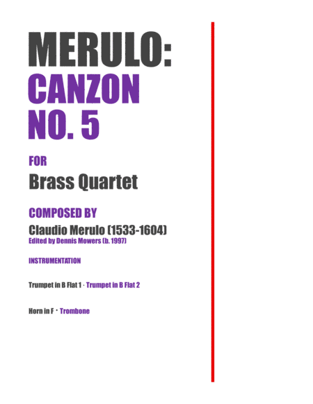 Canzon No 5 For Brass Quartet Claudio Merulo Sheet Music