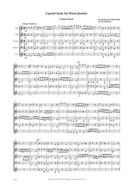 Capriol Suite For Wind Quintet Sheet Music