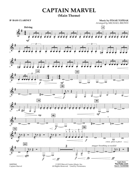 Captain Marvel Main Theme Arr Michael Brown Bb Bass Clarinet Sheet Music