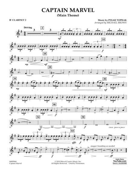 Captain Marvel Main Theme Arr Michael Brown Bb Clarinet 2 Sheet Music