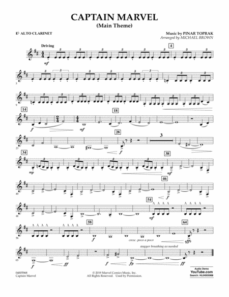 Captain Marvel Main Theme Arr Michael Brown Eb Alto Clarinet Sheet Music