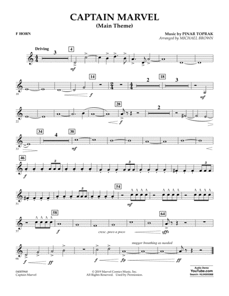 Captain Marvel Main Theme Arr Michael Brown F Horn Sheet Music