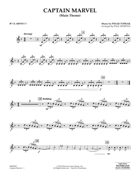 Captain Marvel Main Theme Arr Paul Murtha Bb Clarinet 3 Sheet Music