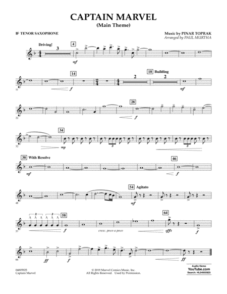 Free Sheet Music Captain Marvel Main Theme Arr Paul Murtha Bb Tenor Saxophone