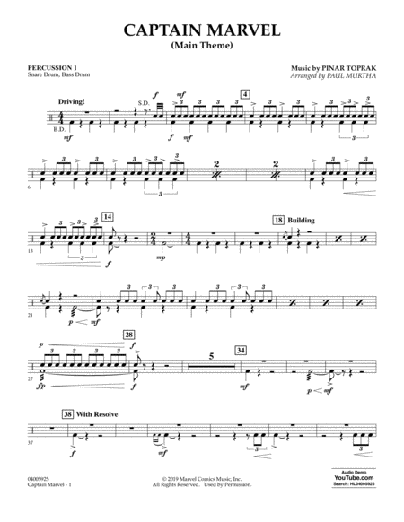 Captain Marvel Main Theme Arr Paul Murtha Percussion 1 Sheet Music