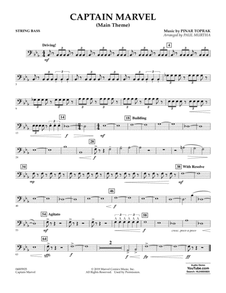 Captain Marvel Main Theme Arr Paul Murtha String Bass Sheet Music