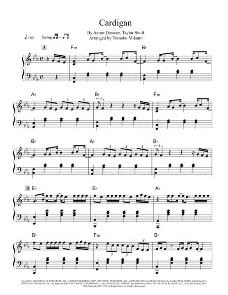 Cardigan By Taylor Swift Easy Piano Solo Sheet Music