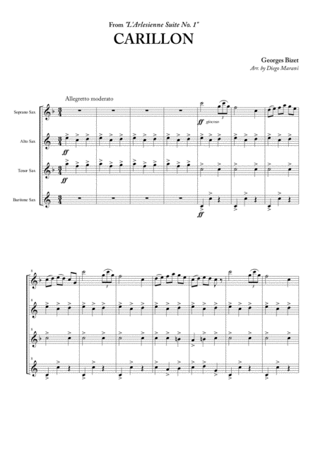 Carillon From L Arlesienne Suite No 1 For Saxophone Quartet Sheet Music