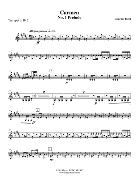 Free Sheet Music Carmen No 1 Prelude Trumpet In Bb 2 Transposed Part