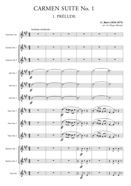 Carmen Suite No 1 Part One For Saxophone Ensemble Sheet Music