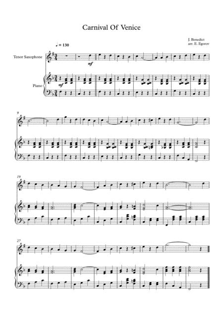 Carnival Of Venice Julius Benedict For Tenor Saxophone Piano Sheet Music