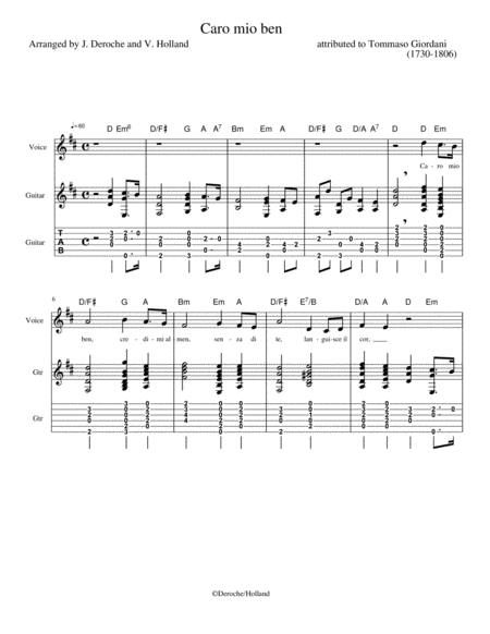 Free Sheet Music Caro Mio Ben For Voice And Guitar With Tabs