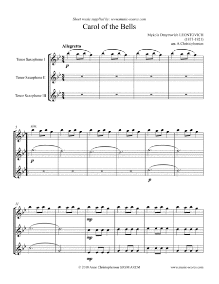 Free Sheet Music Carol Of The Bells 3 Tenor Saxes