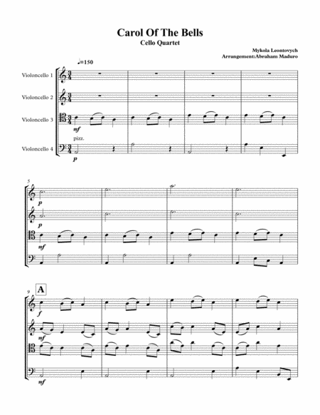 Carol Of The Bells Cello Quartet Sheet Music