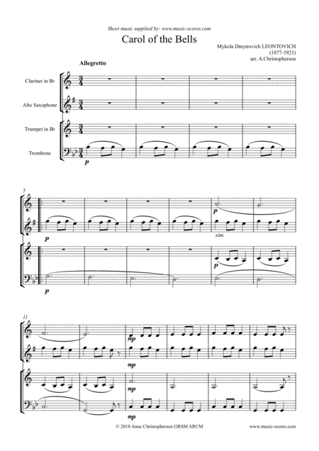 Free Sheet Music Carol Of The Bells Clarinet Alto Sax Trumpet Trombone