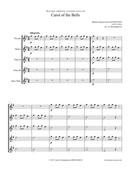 Carol Of The Bells Flute Quintet Sheet Music