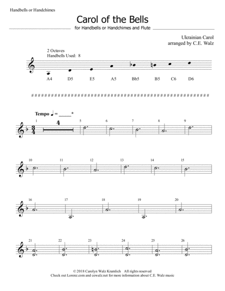 Carol Of The Bells For Beginning Handbells And Intermediate Flute Sheet Music