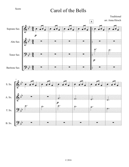 Carol Of The Bells For Satb Aatb Sax Quartet Sheet Music