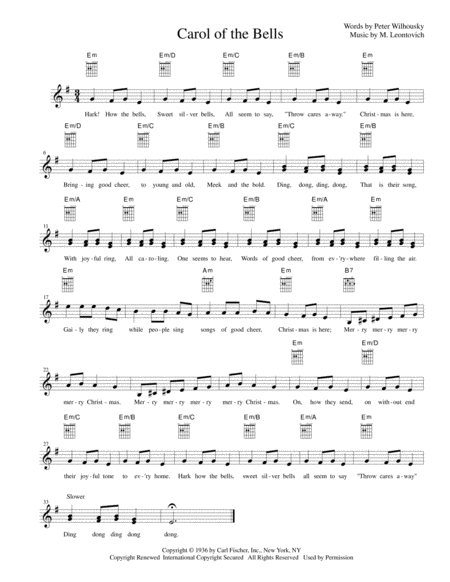 Free Sheet Music Carol Of The Bells Lead Sheet In E Minor