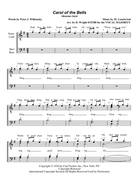 Free Sheet Music Carol Of The Bells M Chorus Pricing