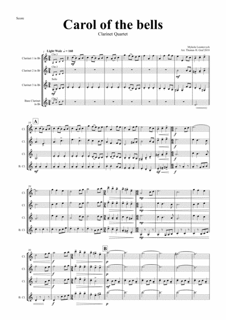 Carol Of The Bells Pentatonix Style Clarinet Quartet Sheet Music