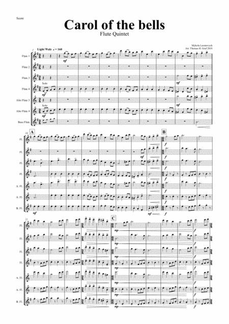 Carol Of The Bells Pentatonix Style Flute Quintet Sheet Music