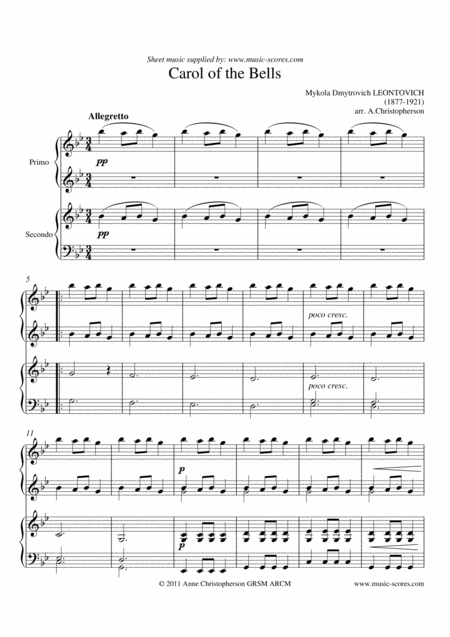 Carol Of The Bells Piano Duet Harder Sheet Music