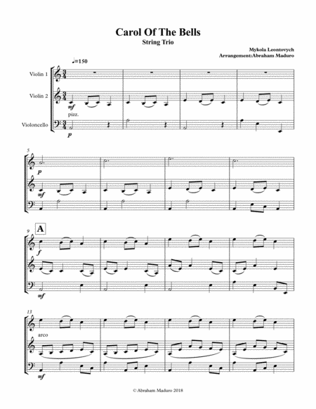 Free Sheet Music Carol Of The Bells Two Violins And Cello Trio