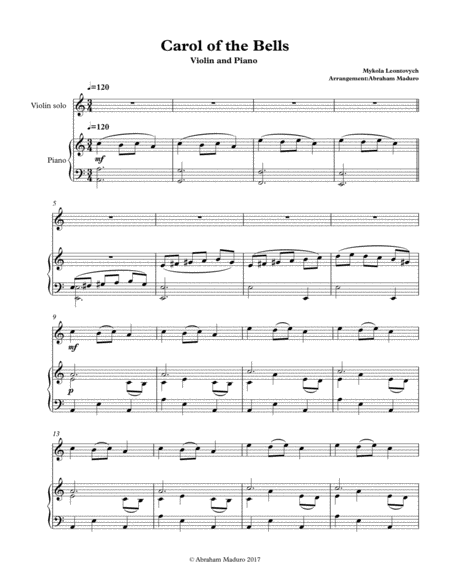 Free Sheet Music Carol Of The Bells Violin And Piano