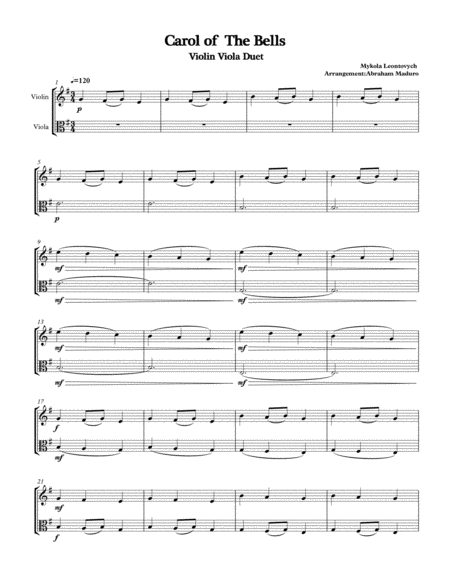 Free Sheet Music Carol Of The Bells Violin And Viola Duet