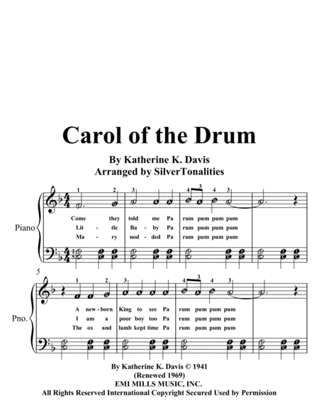 Carol Of The Drum Easy Piano Sheet Music Sheet Music