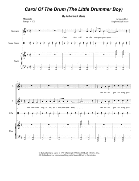 Carol Of The Drum The Little Drummer Boy Duet For Soprano Alto Solo Sheet Music