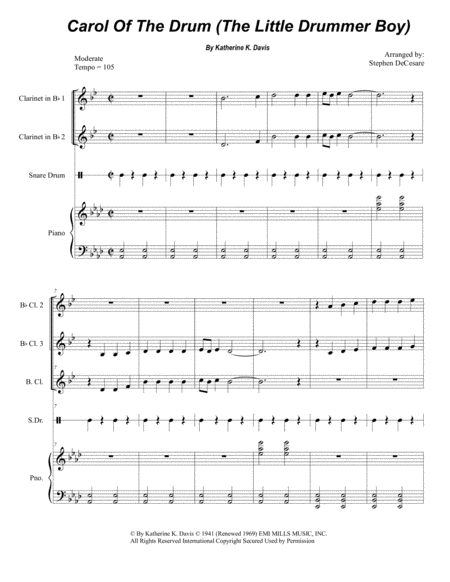 Free Sheet Music Carol Of The Drum The Little Drummer Boy For Clarinet Choir And Piano
