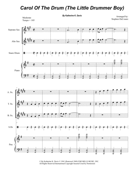 Free Sheet Music Carol Of The Drum The Little Drummer Boy For Saxophone Quartet And Piano