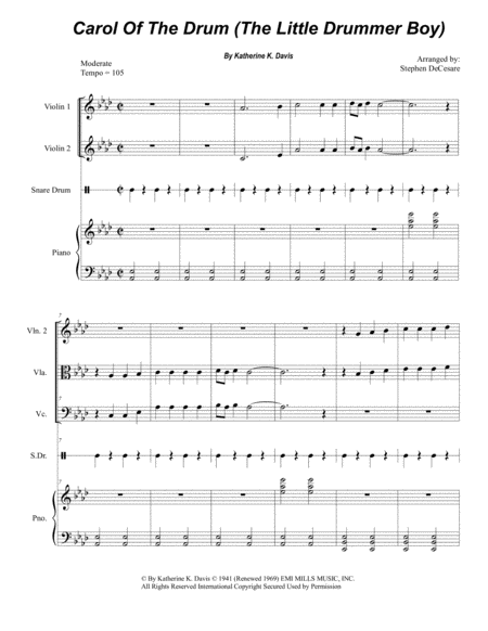 Free Sheet Music Carol Of The Drum The Little Drummer Boy For String Quartet And Piano