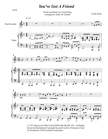 Carole King You Ve Got A Friend For Alto Recorder Piano Sheet Music