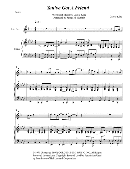 Carole King You Ve Got A Friend For Alto Sax Piano Sheet Music