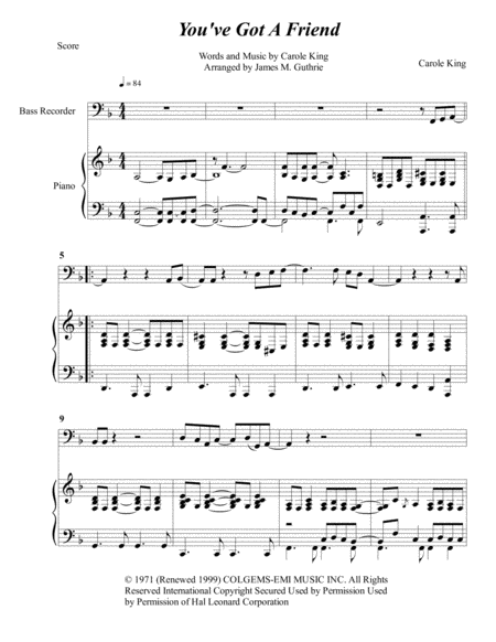 Free Sheet Music Carole King You Ve Got A Friend For Bass Recorder Piano