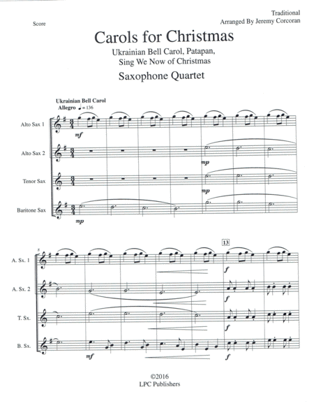 Carols For Christmas A Medley For Saxophone Quartet Satb Or Aatb Sheet Music