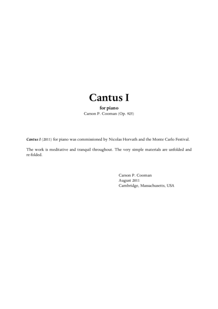 Carson Cooman Cantus 1 For Piano Sheet Music