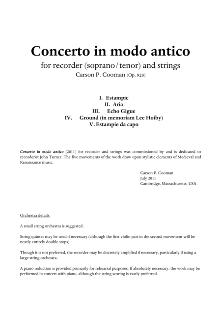 Carson Cooman Concerto In Modo Antico 2011 For Recorder Soprano Or Tenor And Strings Full Score And Solo Part Sheet Music