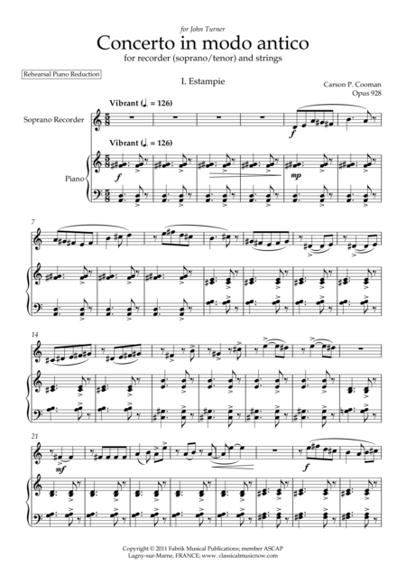 Free Sheet Music Carson Cooman Concerto In Modo Antico 2011 For Recorder Soprano Or Tenor And Strings Piano Reduction With Solo Part