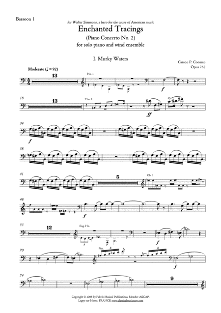 Carson Cooman Enchanted Tracings Piano Concerto No 2 2008 For Solo Piano And Wind Ensemble Bassoon 1 Part Sheet Music