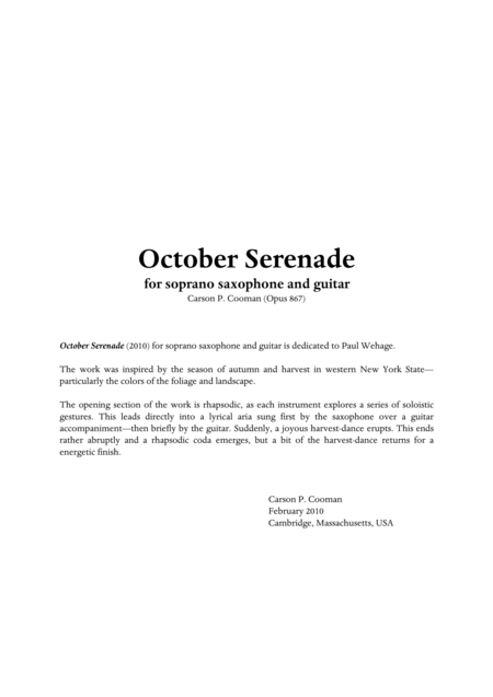 Carson Cooman October Serenade 2010 For Soprano Saxophone And Guitar Sheet Music