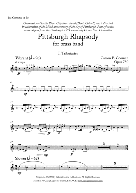 Carson Cooman Pittsburgh Rhapsody 2008 For Brass Band 1st Bb Cornet Part Sheet Music