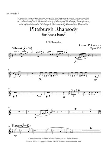 Carson Cooman Pittsburgh Rhapsody 2008 For Brass Band 1st F Horn Part Sheet Music
