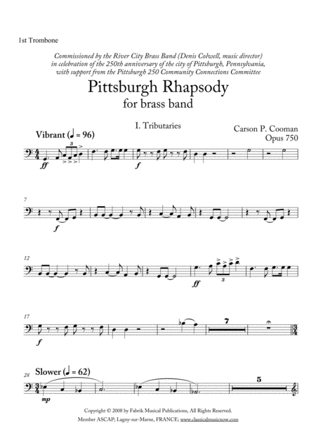 Carson Cooman Pittsburgh Rhapsody 2008 For Brass Band 1st Trombone Part Sheet Music