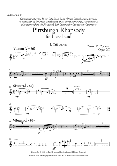 Carson Cooman Pittsburgh Rhapsody 2008 For Brass Band 2nd F Horn Part Sheet Music
