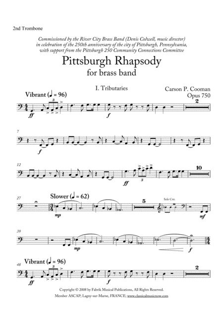 Carson Cooman Pittsburgh Rhapsody 2008 For Brass Band 2nd Trombone Part Sheet Music